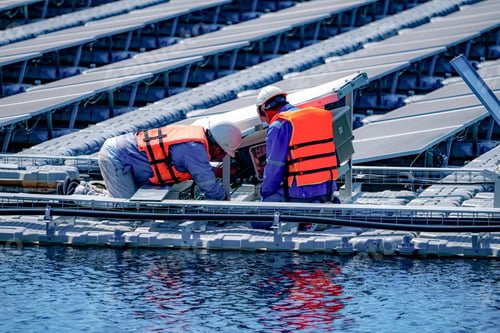Preview: Local worker working at floating solar panels platform on the water of solar cell power plant.