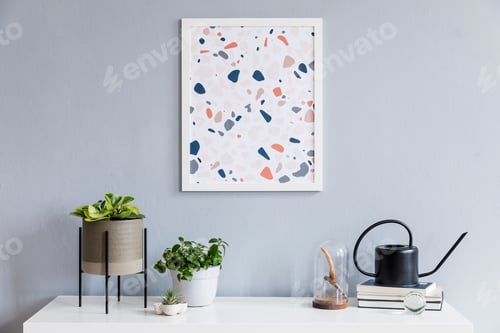 Preview: Creative composition of stylish living room interior design with mock up poster frame.