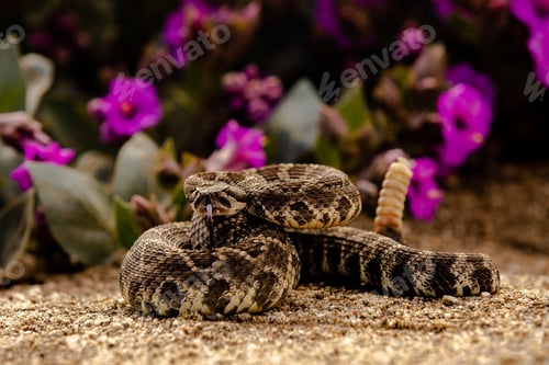 Preview: Mature rattlesnake next to vibrant purple blooms and lush green foliage in a natural outdoor setting