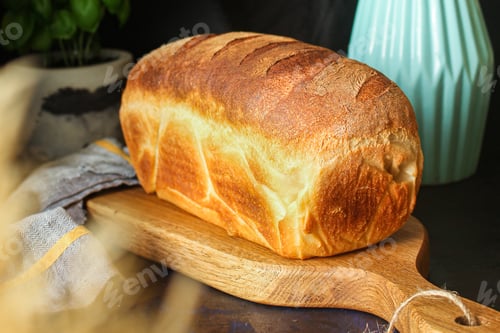 Preview: Bread White Golden Fresh Wheat Baking Menu Concept Serving Size. Food Background Top View Copy