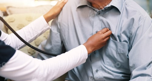 Preview: Healthcare, senior patient and nurse with stethoscope for respiratory health, wellness and heartbea