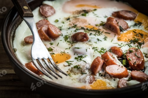 Preview: Tasty cooked egg with chopped sausages.