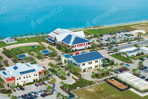 Preview: Florida office buildings with solar roof in small autonomous town.