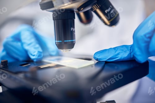 Preview: Microscope, bacteria or hands working in a science or chemistry laboratory for future healthcare in