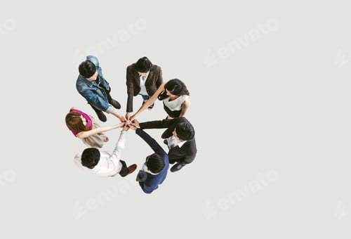 Preview: People standing with their hands together in a huddle stack hand teamwork assemble together