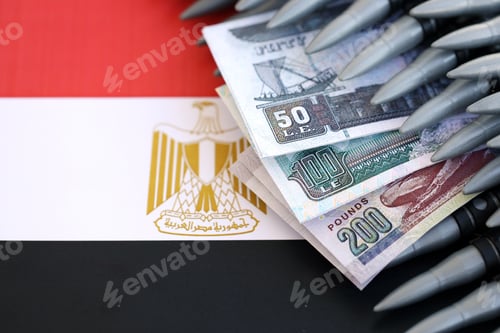 Preview: Egyptian pound currency money bills and rifle bullets on flag. Concept of warfare and gun selling
