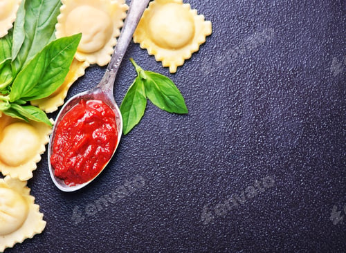 Ravioli Pasta with Red Sauce and Basil