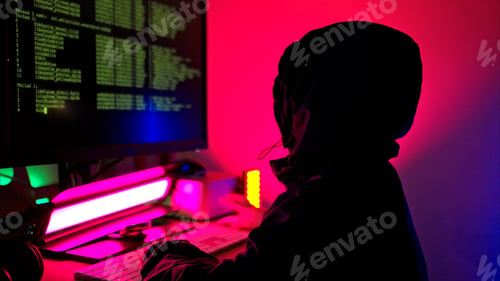 Vista previa: A boy wearing headsets and enjoying online gaming together in a neon lit room
