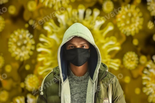 Preview: Young Adult Wearing Mask with Pandemic Background