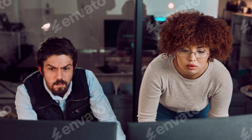 Preview: Serious, teamwork and digital with people at computer for programming, coding and software. Develop