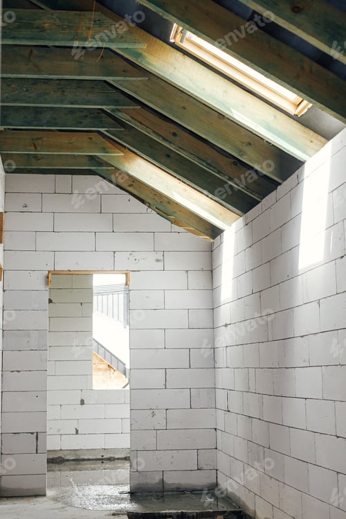 Preview: Unfinished attic wooden roof framing with vapor barrier, dormer and windows
