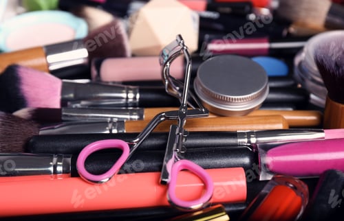 Preview: Set of different makeup products and tools as background, closeup