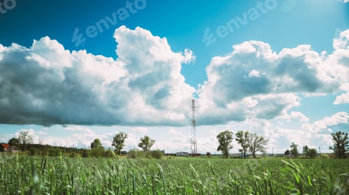 Preview: Telecommunications Cell Phone Tower With Antenna And Countryside Rural Field Landscape With Young