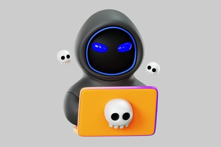 Preview: Cartoon hacker with skull laptop