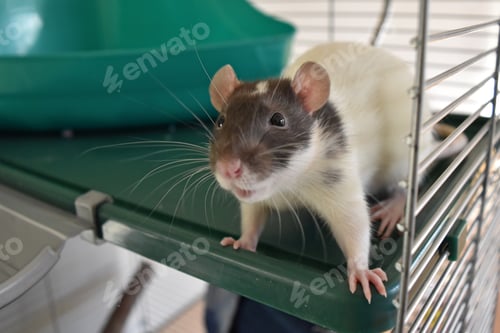 Preview: close up one smiling cute fancy rat pet eager to play in her green wire cage, domestic animal friend