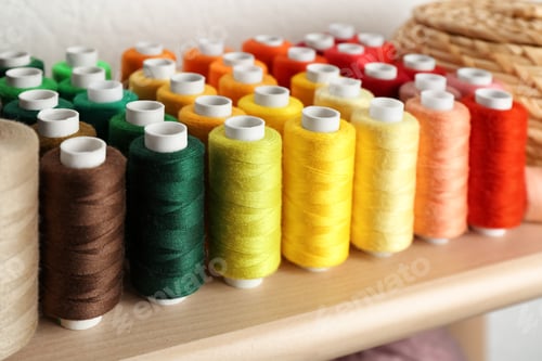 Preview: Set of color sewing threads on wooden shelf