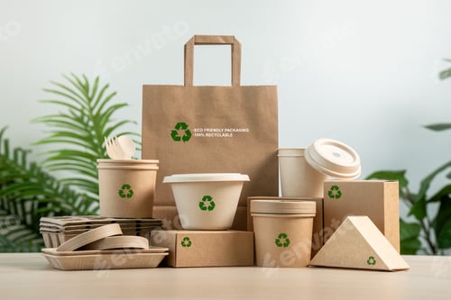 Preview: Eco Friendly Packaging for a Sustainable Future. Paper tableware with a recycling sign .zero waste.