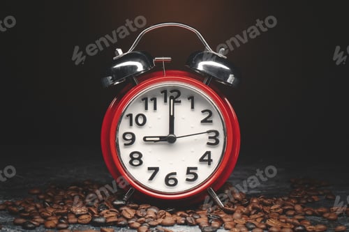 Preview: front view of brown coffee seeds with clocks on dark background grain group