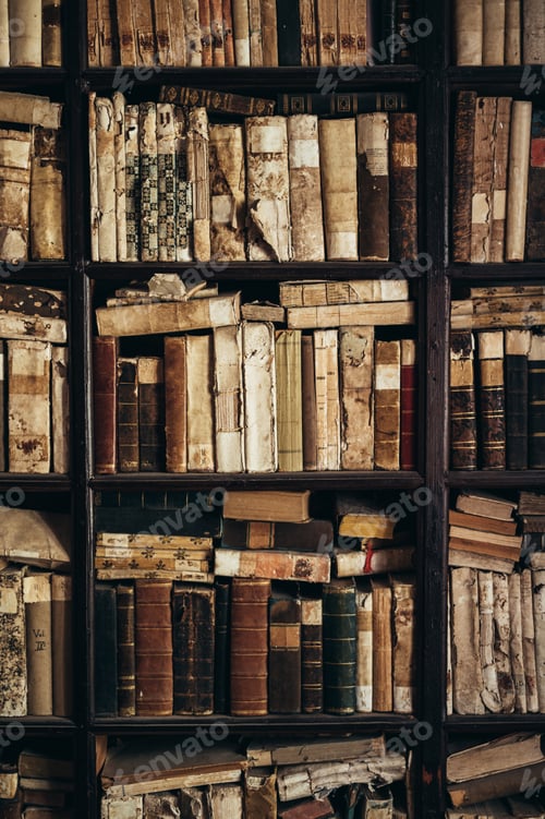 Preview: Wooden bookshelf full with old books
