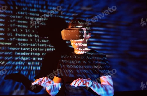 Preview: Double exposure of a caucasian man and Virtual reality headset is presumably a gamer or a hacker