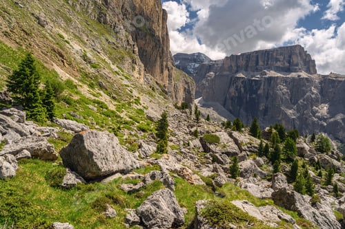 Preview: Idyllic Alps with rocky mountain and green hill