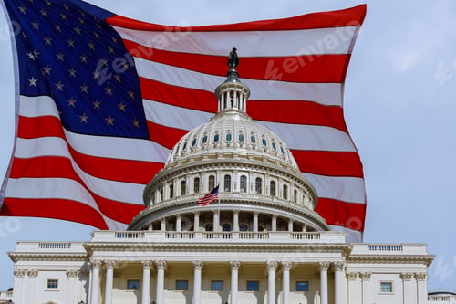 Preview: Washington DC Capitol Building on Capitol Hill detail on american flag background USA