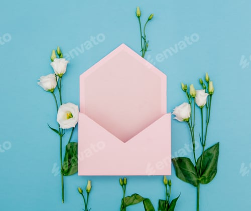 Preview: White roses with pink envelope