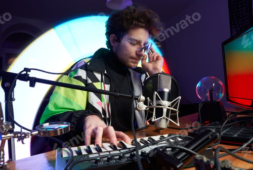Preview: Serious and focused on work composer plays some music on pc