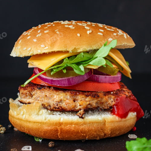 Preview: Burger Meat Cutlet Beef Steak, Tomato, Sauce And Lettuce (Tasty Meat Snack Sandwich) Menu Concept