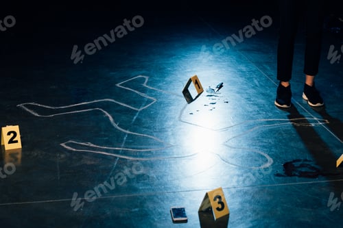 Preview: partial view of investigator standing near chalk outline and evidence markers