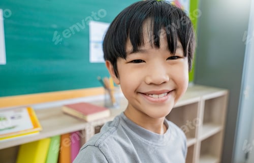 Preview: Portrait of pupil boy, Learn in classroom at elementary school
