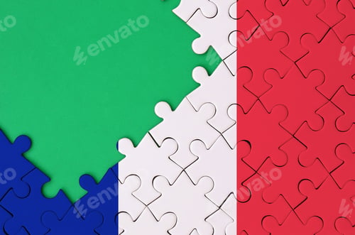 Preview: France flag is depicted on a completed jigsaw puzzle with free green copy space on the left side.