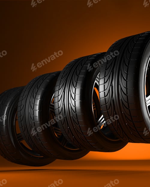Preview: 3d illustration. Four car wheels on red background. Poster or cover design