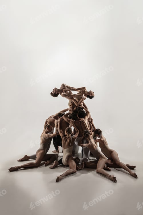 Preview: The group of modern ballet dancers. Contemporary art ballet. Young flexible athletic men and women