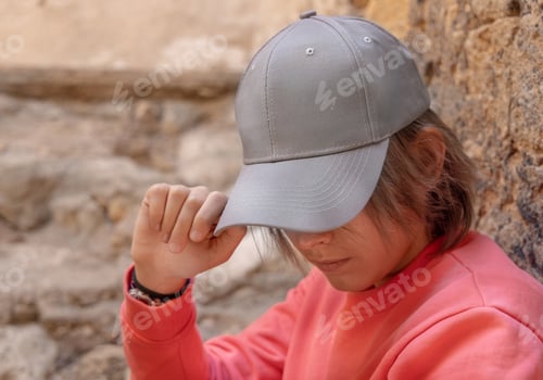 Preview: Teenager girl in grey baseball cap and long sleeve shirt outdoor, mockup