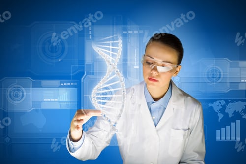 Preview: Woman Scientist Touching Dna Molecule Image At Media Screen