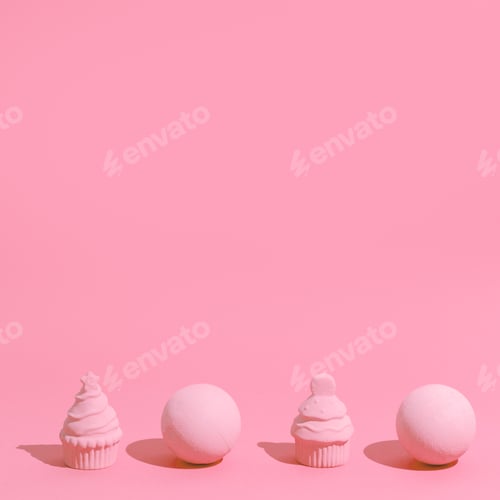 Preview: Minimal aesthetic still life monochrome design. Pastel pink trends. Fake cake and geometry