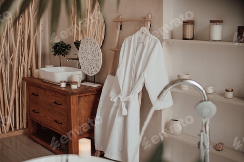 Preview: Luxury interior of big bathroom at modern african style with oval bathtub in natural lighting