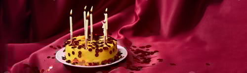 Visualização: Cabeçalho de bolo de aniversário com velas acesas e confetes em toalha de mesa de cetim