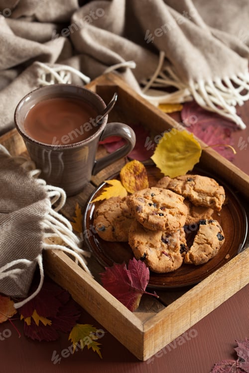 Preview: hot chocolate warming drink cozy autumn leaves cookies