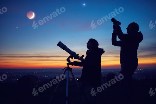 Preview: Mother And Daughter Observing Stars, Planets, Moon And Night Sky With Astronomical Telescope.