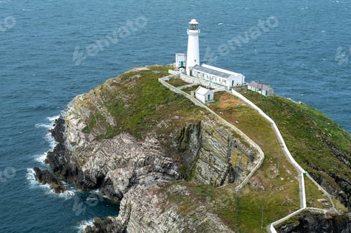 Preview: Aerial view of the historic South Stack Lighthouse on the shore of Holy Island, Anglesey, Wales