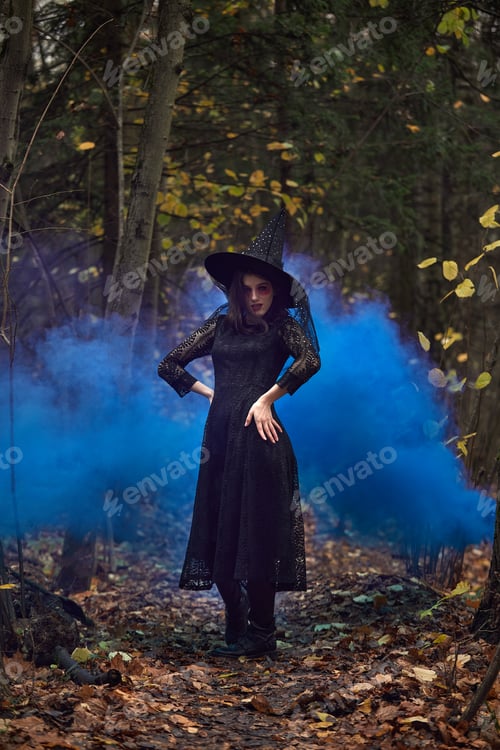 Preview: Fashion photo of woman with with creative make up in a forest. Fantasy