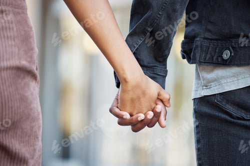 Preview: Couple, holding hands and love outdoor for care, support and trust in relationship commitment. Clos