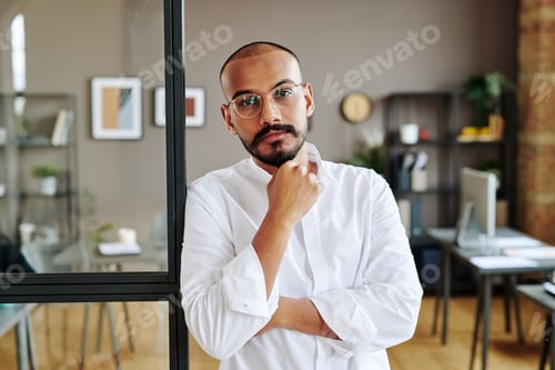 Preview: Young confident male chief executive office standing against office interior