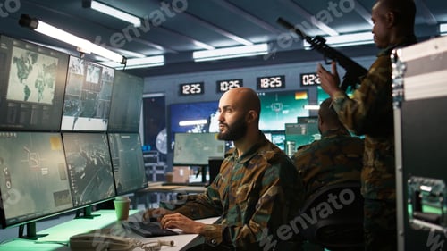 Preview: Portrait of military agent working in control room, analyzing aerial data