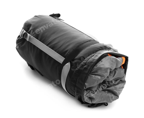 Preview: Sleeping bag in case on white background. Camping equipment