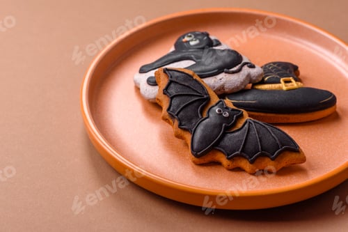 Preview: Halloween cookies, sweets, or gingerbread, a cat, a bat, and a hat. Halloween gingerbread