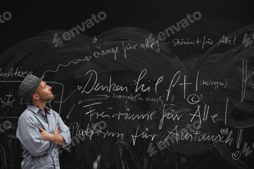Preview: Germany, Berlin, Man reading text on blackboard