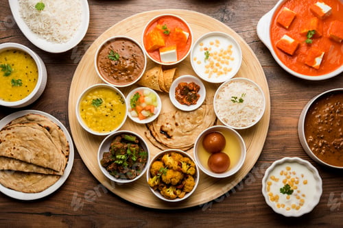 Preview: Indian assorted vegetarian food in plate and serving bowls
